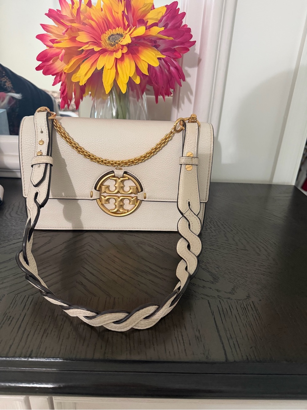 Tory Burch Womens Miller Ivory Leather Shoulder Crossbody bag Purse
